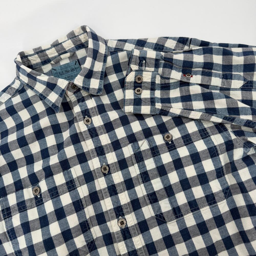 LL Bean Gingham Check Shirt Men's Small Blue White Metal Button Long Sleeve Prep